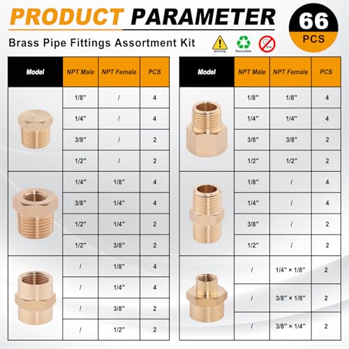 KOOTANS 66PCS Brass Pipe Fittings Assortment Kit Pipe NPT Set