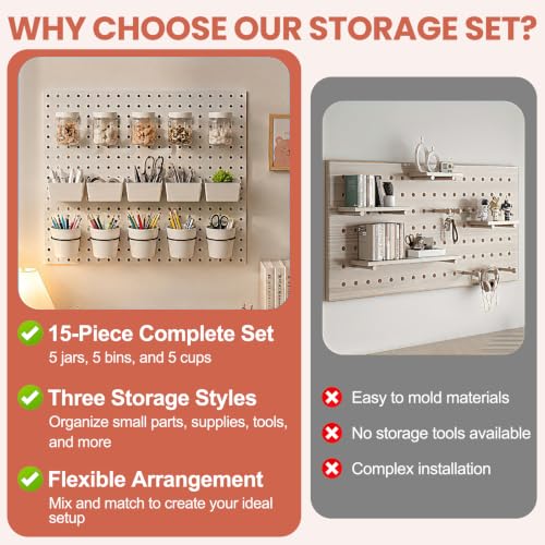 15PCS Pegboard Organizer Accessories, 5 Clear Storage Jars with Lids, 5 Bins and 5 Hanging Cups, Pegboard Containers for Garage, Workshop, Craft Room, Office and Home Organization