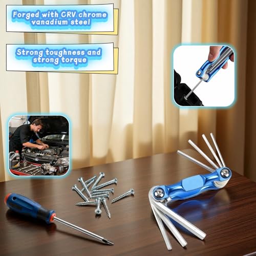 Professional 8-in-1 Folding Hex Key Set, CR-V Steel Metric Allen Wrench Multi-Tool, Blue, 1.5-6mm, Compact Design with Carabiner for Bike, Auto, Furniture Repair