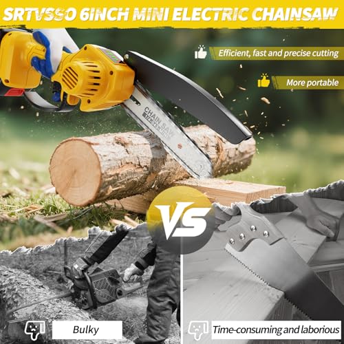 Mini Chainsaw - 6 Inch Battery Chainsaw with Power Display, 2 Batteries Included, Garden Tool for Tree Branch Trimming & Wood Cutting, Ideal Holiday Gifts for Men, Fathers & Gardening Enthusiasts - color: Yellow03