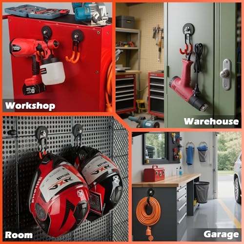 ULIBERMAGNET New Updated Garage Strong Magnetic Hooks, 2 Pack Heavy Duty Large J Hooks with Magnet, Anti-Slip Coating Magnet Hooks for Garden Tools, Ropes,Drill - style: Upgraded Orange Medium J Strong Hooks