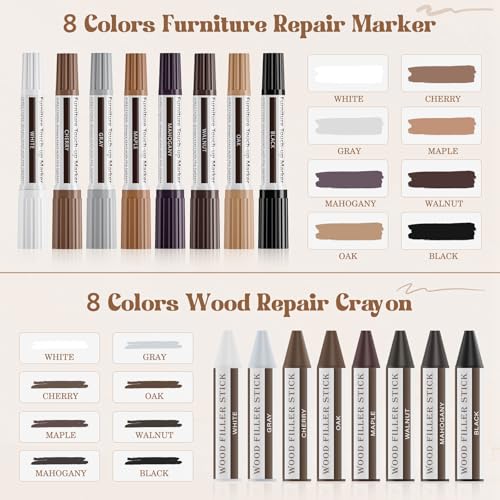 DEWEL Dual-Tipped Furniture Markers Touch Up, Upgrade 17 Pcs Wood Furniture Repair Kit, Wood Touch Up Markers and Wax Sticks with Repair Tools, Easily Repair Wood Floor Scratches, Wood Stain and Dents