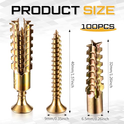 Moxweyeni 100 Pack 6 x 32 mm Heavy Duty Hollow Wall Anchors with Screws Loose Hinge Hole Repair Kits for Hinge Hole Repair and Concrete, Hollow, and Wood Walls