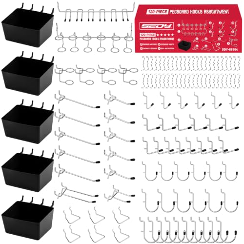 120PCS Pegboard Accessories Kit, Pegboard Hooks Assortment with Bins and Stainless Steel Peg Locks, Tool Organizer for 1/8" and 1/4" Pegboards, Garage Wall Organization, Workshop and Tool Storage - color: 120-Piece Streamlined Set – 5 Bins