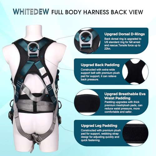 Fall Protection Premium Safety Harness with Shock Absorbing Lanyard, Vented & Padded Shoulder, Legs & Back - Upgrade 4 Quick Buckles (Dark Green) - color: Dark Green