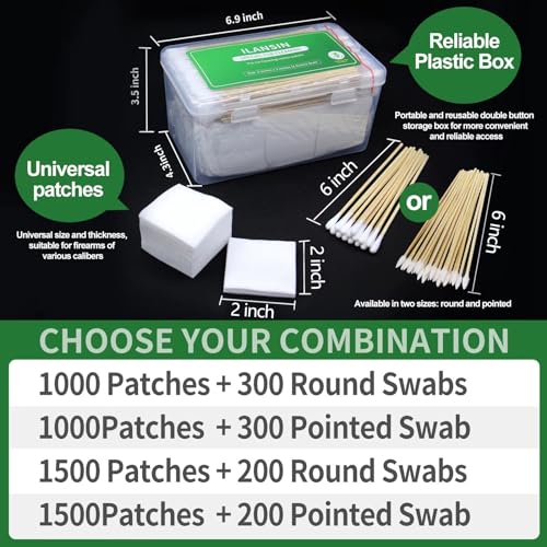 1700PCS gun cleaning supplies—1500PCS Gun Cleaning Patches +200PCS Gun Cleaning swabs,2"x2"Lint Free Gun Cleaning Rags,6"Long Cotton swabs for 9mm and All Caliber of Firearms.Gun Cleaning Kit - color: 1500Patches + 200Pointed Swab
