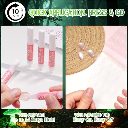 Beetles Halloween Press On Nails, Green Cat Eye Short Almond, 32 Pieces - color: 3B - Midnight Moss - S