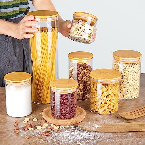 Vtopmart Glass Food Storage Jars, 7 Pack Kitchen Containers with Airtight Bamboo Wooden Lids for Pasta, Cookies, Nuts, Coffee Beans, Cereal, Canisters Set for Flour, Pantry Organization, BPA Free - size: 7 Pack (15 oz - 74 oz)