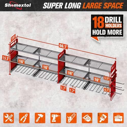 2 Pack Power Tool Organizer Wall Mount, 3-Layer,18 Drill Holders - color: Red, size: 18 Drills Holder-3 Layers