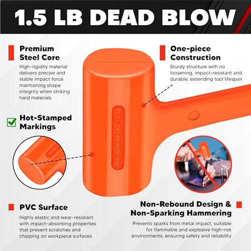 C&T Dead Blow Hammer Set, 3-Piece Kit, 1.5LB Dead blow, 12oz Brass Cap, 16oz Ball-Peen,Brass, No Rebound Design, Unibody Molded Checkered Grip, Home Repair & Garage Use - style: 3PC-1