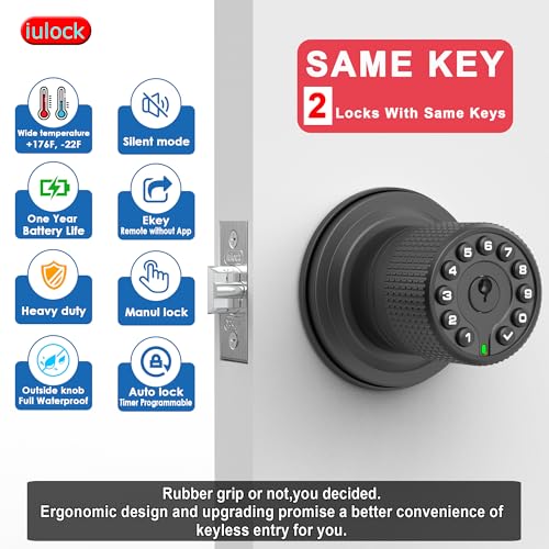 iulock Smart Door Knob with Keypad and Key,Keyless Entry Door Lock with Rubber Grip, Auto Lock,50 User Code,Waterproof, Easy to Install and Program for Bedroom (Matte Black Same Key 2 Pack) - color: Black