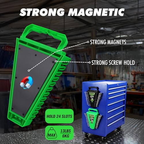 2-Piece Magnetic Wrench Organizer, Metric & SAE Portable Plastic Wrench Holder, 24-Slot Total, Foldable Carrying Handle for Wall-Mounted, Easy-Open Lock Cover, Wrenches Storage Rack Tool for Tool Box - style: 2PCS Green&Black