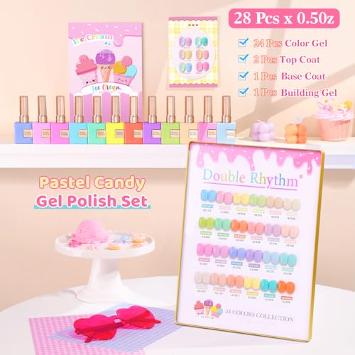 Double Rhythm 28Pcs 0.5Oz Gel Nail Polish Set Same Color Same Bottle Gel Polish Kit Nail Art Manicure Salon DIY at Home for Women (Pastel Candy Collection-T24-5) - color: Pastel Candy