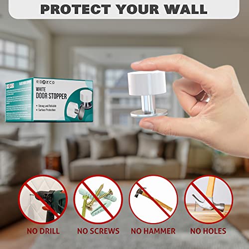 Door Stoppers 2-Pack with Extra Stickers - Two Self-Adhesive White Rubber Door Stops - Heavy Duty Stainless Steel Body with Sound Dampening Bumper Top - Ideal for Home and Office Use