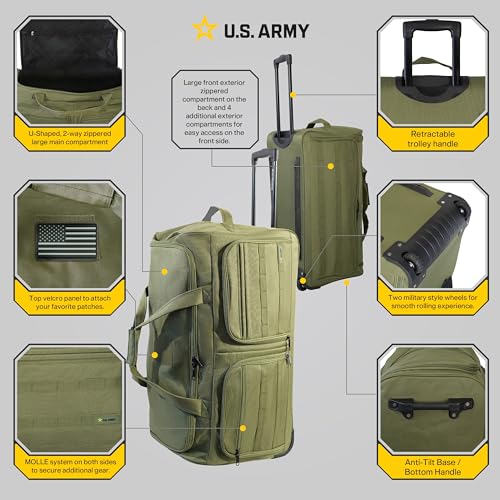 US Army ROMEO 28-inch Large Tactical Duffel Bag with Wheels | Heavy Duty Material, Molle Webbing, Water Resistant Military Rolling Bag for Travel, Deployment, and Camping - Tactical Green - color: Tactical Green, size: 28-inch