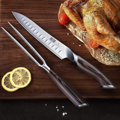 HOSHANHO 8 Inch Carving Knife & 7 Inch Fork Set, Razor Sharp Slicing Knife