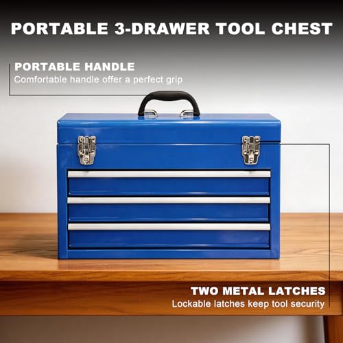 3 Drawer 20“ Metal Tool Box Portable Steel Tool Chest with Metal Latch Closure for Garage, Home and Workbench, Blue - size: 20Inch-BLUE