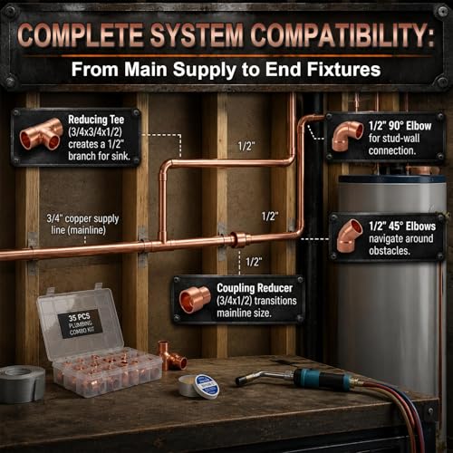 Yaocom 35 Pcs Copper Pipe Fittings Kit, 3/4" to 1/2" Plumbing Fitting Assortment with Copper Elbows, Brass Tee, Reducers and Couplings, Lead-free Sweat Solder Pipe Fittings for Residential Commercial