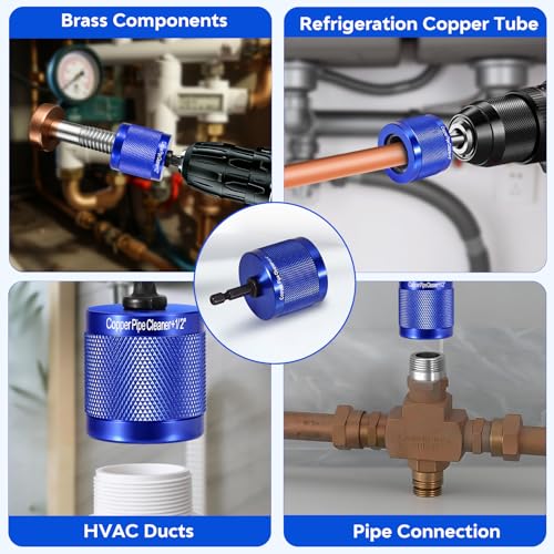 9Pcs 1/2", 3/4" & 1" Copper Pipe Cleaner Set, 3 Steel Brushes & 3 Replacement Brush Strips 16/22/28mm, Copper Cleaning Tool with 1/4" Hex Shank, for Efficiently Cleaning Copper, Brass and Steel Pipes