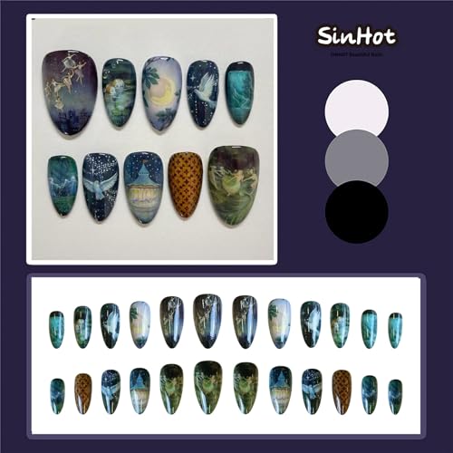 SINHOT Almond Press on Nails - Medium Fake Nails, Glossy Finish, Cute Pattern & White Dove, DIY Artificial False Nail Art - 24 Pcs Nail Kit with Glue