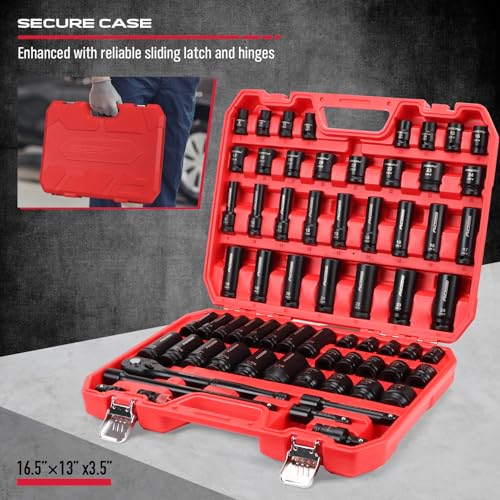 Master 1/2" Drive Impact Socket Set, 67-Piece Standard & Deep Master Impact Socket Set SAE 3/8"-1-1/4" & Metric 8-24mm Socket Set with Ratched Hand, Extension Bar, Reducer, Impact Universal Joint,Cr-V - style: 1/2" | 67-Piece Master Set