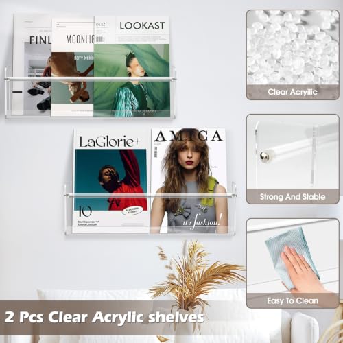 2 Pack Acrylic Magazine Holder,17 Inch Clear Wall Book Shelves