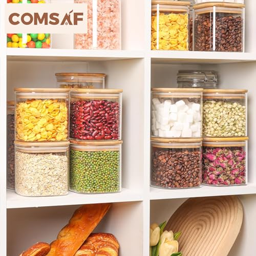 ComSaf Square Glass Containers with Lids 0.7 Qt, Set of 9 Small Glass Jars | Small Kitchen Canisters, Spice Jar, Pantry Organizers, Family Snack Station, Size For Subpackage, BPA Free, Cookie, Dry Food - size: 0.7Qt*9