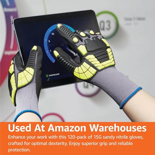 Amazon Basics Cut Level A1, Abrasion ANSI Level A4, Impact Resistant Safety Work Gloves, Touch Screen Friendly, Sandy Nitrile Coated Palm, Yellow, Size X-Large, 120-Pack - size: X-Large