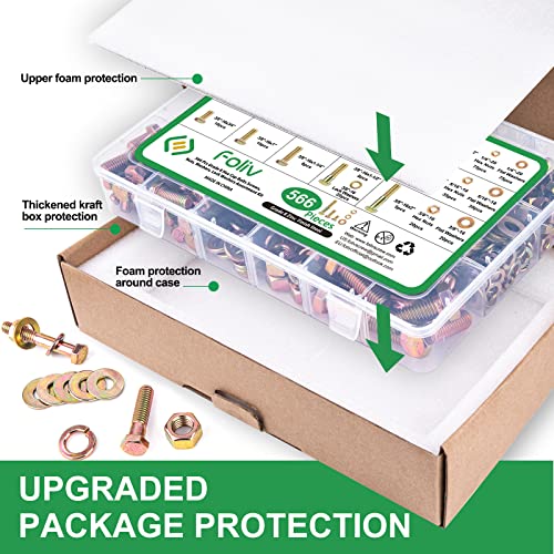 FOLIV 566Pcs Heavy Duty Bolts and Nuts Assortment Kit, Grade 8 Hex Screws Bolts Nuts Kit, 1/4-20 5/16-18 3/8-16, 15 Common Sizes Included - style: 566Pcs 1/4-20 5/16-18 3/8-16