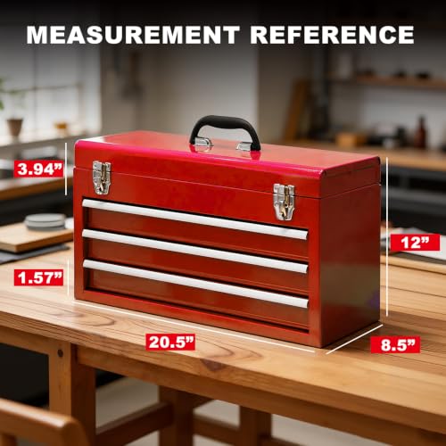 3 Drawer 20“ Metal Tool Box Portable Steel Tool Chest with Metal Latch Closure for Garage, Home and Workbench, Red - size: 20Inch-RED