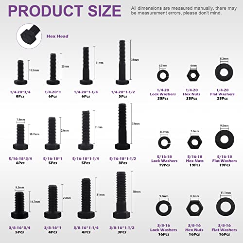 Swpeet 240Pcs 1/4-20 5/16-18 3/8-16 12 Sizes Black Zinc Finish Carbon Steel Grade 8 USS Nut Bolts Assortment Kit, Heavy Duty Bolt Nut and Washer Assortment Coarse Thread Hex Head Cap Screws Bolt - size: Assortment Kit