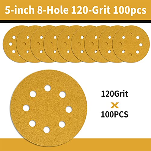 100 Pcs 5 Inch Sanding Discs Hook and Loop, 120 Grit Sandpaper for Woodworking or Automotive, 8 Hole Gold Premium Dustless Random Orbit Sandpaper - style: 120 Grit-100 Discs