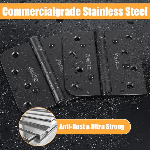 6 Pack Self Closing Door Hinges, 4 Inch Black Door Hinges with Ball Bearing, Matte Black Heavy Duty Loaded Hinge for Interior and Exterior, 5/8'' Radius Corner