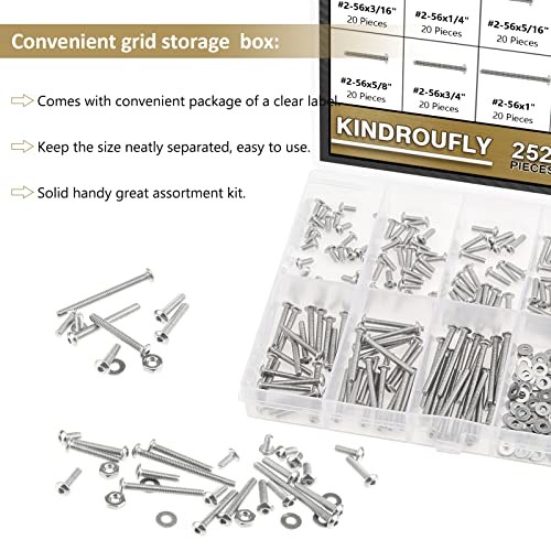 252 Pieces #2-56 x 3/16", 1/4", 5/16", 3/8", 1/2", 5/8", 3/4", 1", Button Head Socket Cap Screws Nuts Washers Assortment Kit, 304 Stainless Steel, Fully Machine Thread - size: #2-56, style: Button Head