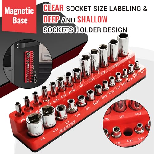 AIUITIO 6-Piece Magnetic Socket Organizer Set, Magnetic Socket Holder Includes 1/4", 3/8", 1/2" Drive Metric SAE Socket Trays,Holds Standard and Deep Sockets - size: Magnetic Design