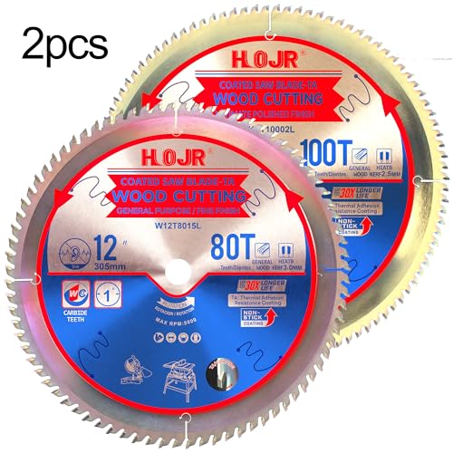 Woodworking Circular Saw Blades 2-Pack 12", Arbor 1", Framing/General Wood, Special Anti-Heat Adhesion Coating on Cutting Edges, High Finish, Long Life, 12" 80 Teeth & 100 Teeth -TA - size: 12" 80T+12" 100T