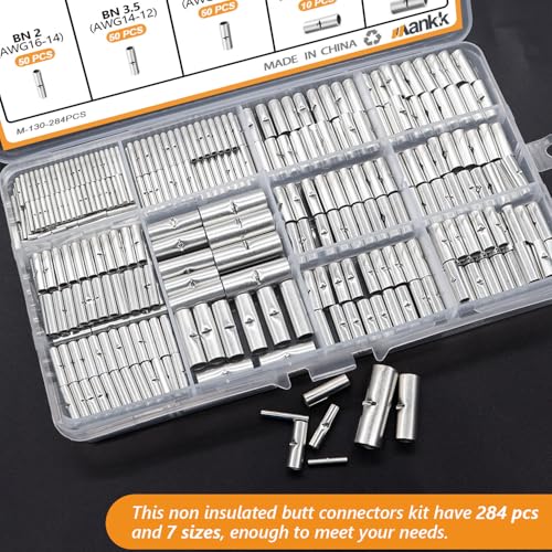 mankk 568PCS Heat Shrink Tubing Kit and Non Insulated Butt Connectors Kit 26-6 Gauge Tinned Red Copper Butt Connector Uninsulated Wire Crimp Connector - color: 284PCS 26-6AWG+HST Kit-Non Insulated