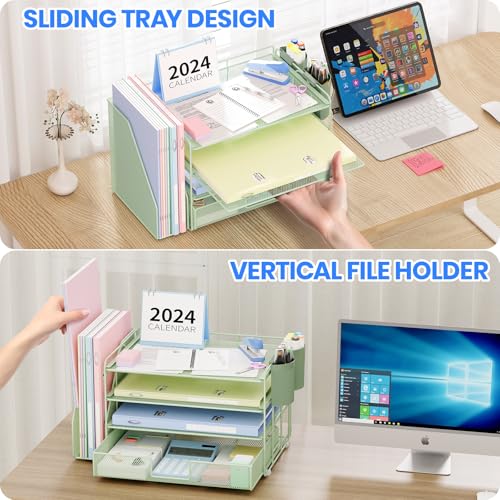 OPNICE Desk Organizer, 4-Tier Desktop File Organizer with Drawer and Pen Holders, Office Desk Accessories, File Sorters, Workspace Organizers for Office Supplies(Green) - color: Green, size: 4T