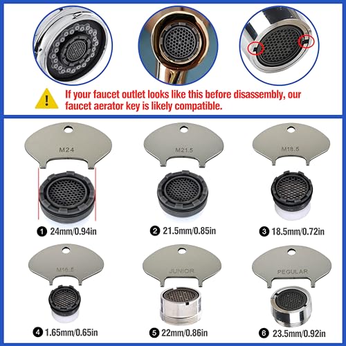 Upgraded 304 Stainless Steel Faucet Aerator Key –Universal Fit for 6 Sizes (M16.5, M18.5, M21.5, M24, Junior, Regular) Plug-in Aerators– Faucet Accessories