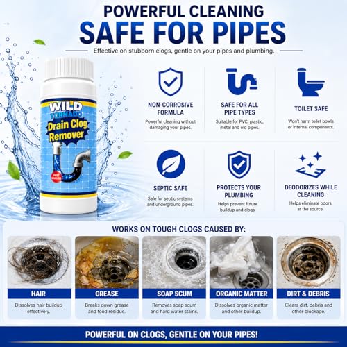 Drain Clog Remover Powder 4 Pack, Sink & Drain Cleaner Fast-Acting Foaming for Hair, Grease, Kitchen Sink & Toilet Clogs, Powerful Pipe Cleaning Solution for Showers & Drains, 480g