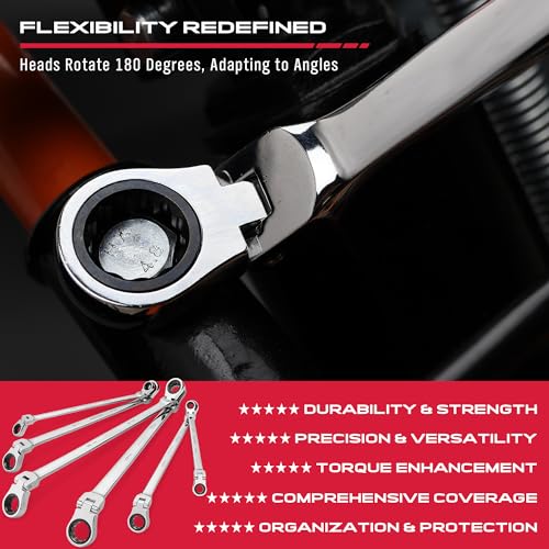 Extra Long Flex-Head Ratcheting Wrench Set, Anti-Slip 6-Piece Double Box End Wrench Set, 72-Teeth, Metric 8-19mm, CR-V Steel Wrench with Rolling Pouch - color: 6-pc Extra-long (Flex-head)