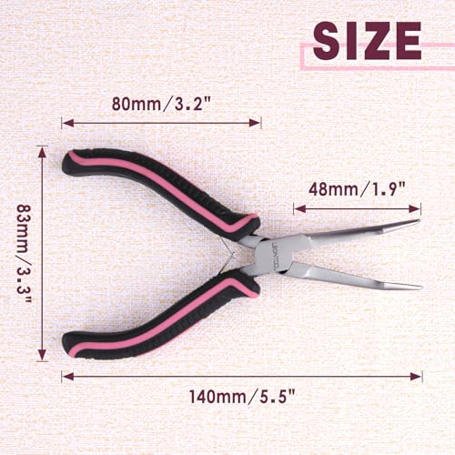 Mini Bent Needle Nose Pliers Smooth Jaws Small Bent Long Nose Pliers Tweezers Long Nose Pliers Jewelry Pliers Pink Tool for Jewelry Making, Wire Wrapping and Object Gripping with Soft Grip - style: Bent Needle Nose Plier Smooth Jaws