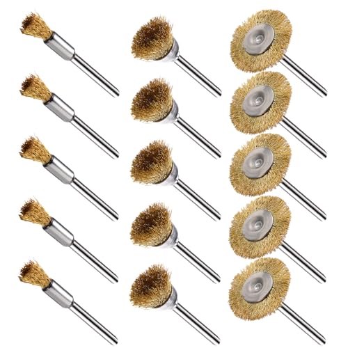 15 Pieces Copper Wire Brushes, Wire Brush Wheel, Mini Brass Brushes for Dremel Rotary Tools (1/8 Inch Mandrel) - color: gold