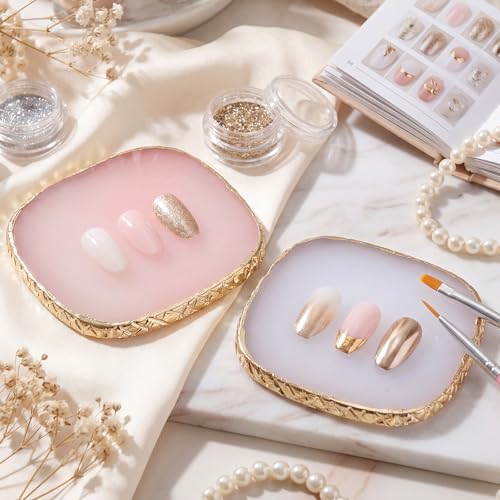 2 Pcs Resin Nail Art Palette, Pink Square Mixing Tray with Gold Edge - color: Pink, White