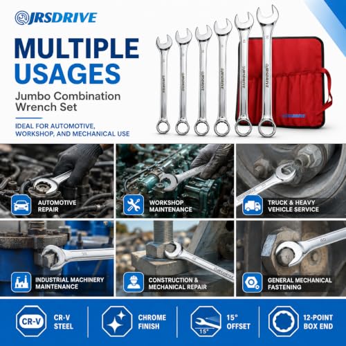 Jumbo Combination Wrench Set, 6 Piece Metric Chrome Finished Sizes 34 to 50 MM, Heavy Duty CR-V Steel Construction, Industrial Grade Spanner Kit for Automotive, Workshop & Mechanical Use