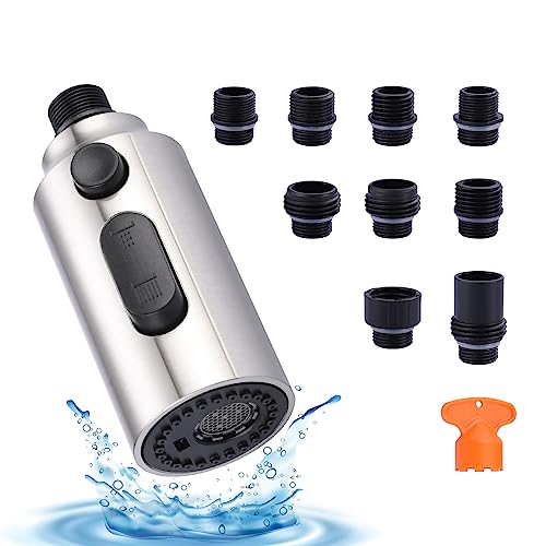 Pull Down Faucet Sprayer Head Replacement, Brushed Nickel 3 Function Pull Out Spray Nozzle with 9 Adapters for Kitchen Sink Faucet, American Standard for Moen Kohler Delta G1/2 Male Connector - color: Brushed Nickel