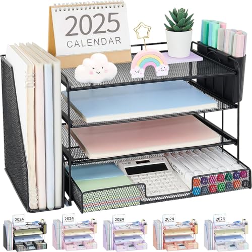 OPNICE Desk Organizer, 4-Tier Desktop File Organizer with Drawer and Pen Holders, Office Desk Accessories, File Sorters, Workspace Organizers for Office Supplies(Black 2-Pack) - color: Black 2-Pack, size: 4T