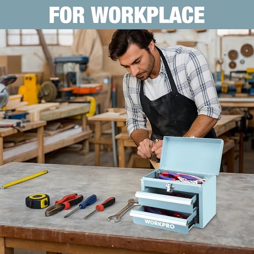 WORKPRO Portable Mini Metal Tool Box with 2 Drawers - color: Macaron Blue