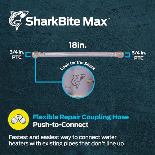 SharkBite Max 3/4 Inch x 3/4 Inch x 18 In. Braided Flexible Repair Coupling Hose, Push-to-Connect Brass Plumbing Fitting, UR3016FX18 - size: 3/4 in. x 3/4 in. x 18 in., style: SharkBite Max