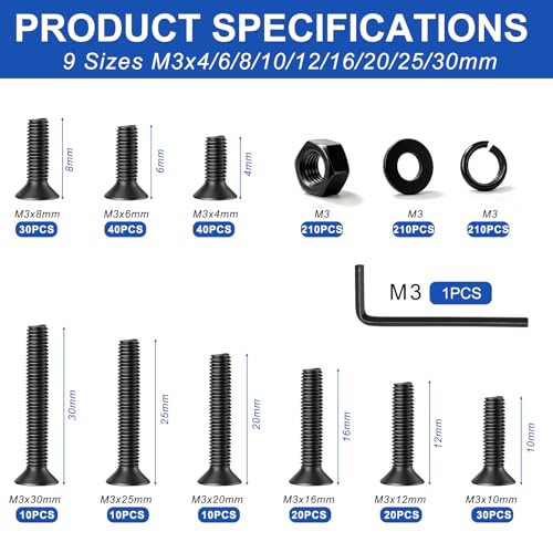 Taiss 841PCS M3 Screw Kit,Flat Head Metric Bolts Assortment,10.9 Grade Alloy Steel,Countersunk Machine Screws,Black Nuts and Bolts for 3D Printer,Mechanical Hardware,with Hex Wrenches - size: 841PCS M3